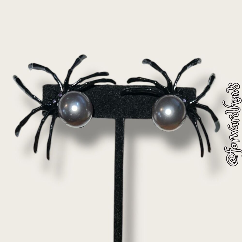 Black Spider Faux Pearl Rhinestone Statement Earrings Halloween